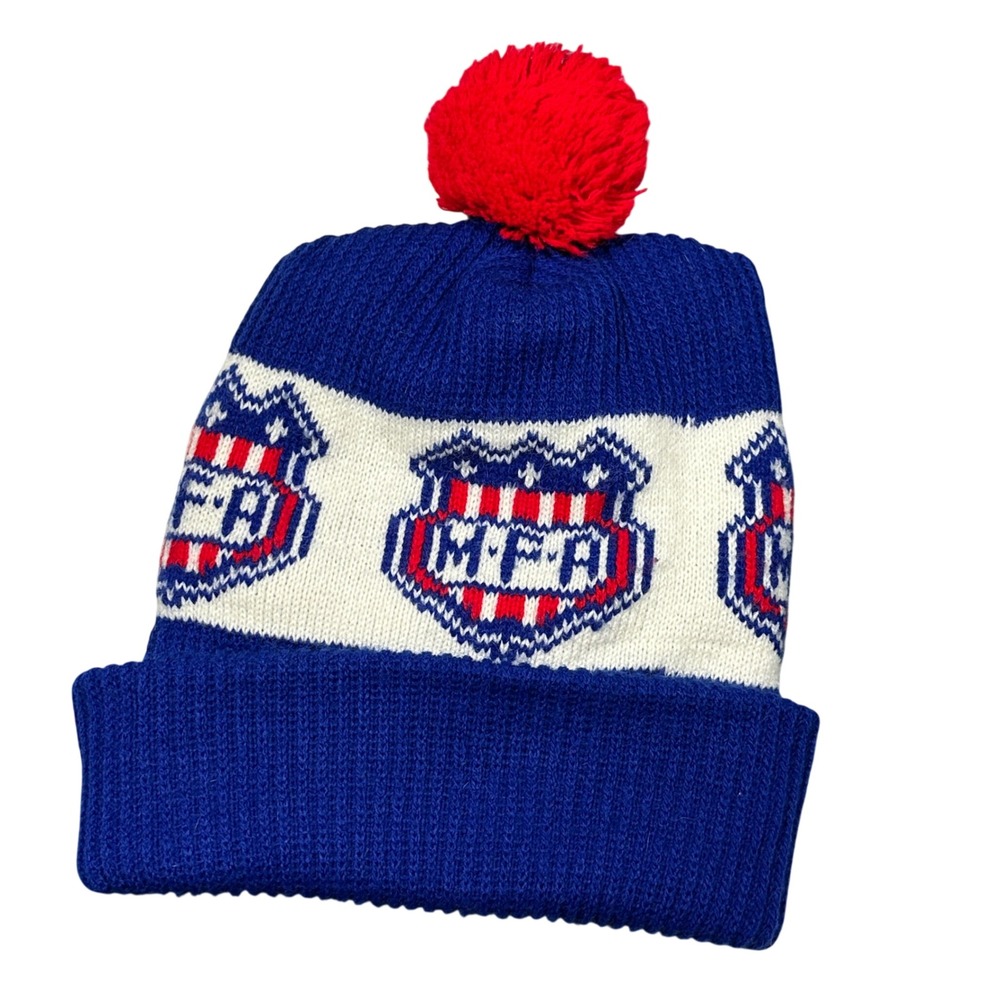 Vintage MFA Shield Logo Knit Beanie Pom Pom Hat Red White Blue Cuffed Winter Cap - Picture 1 of 3